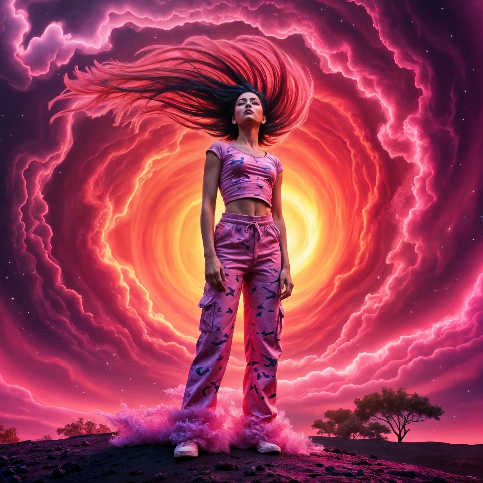Hyper-Realistic Pink Camouflage Goddess in a Swirling Vortex