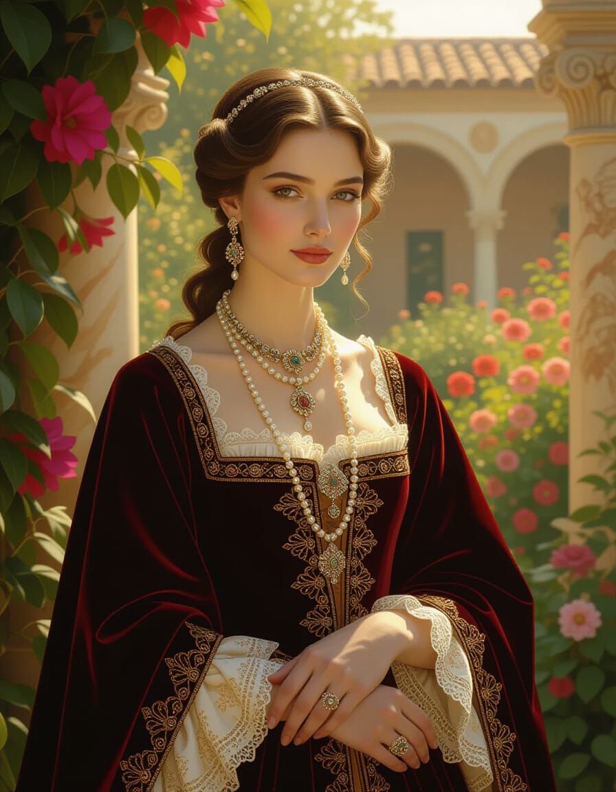 Renaissance Noblewoman in Sunlit Italian Garden