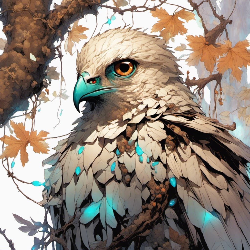 Mysterious Hawk Pin-Up in Bioluminescent Opal Glow