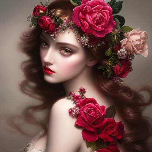 Snow Roses and Red Dress: Digital Painting