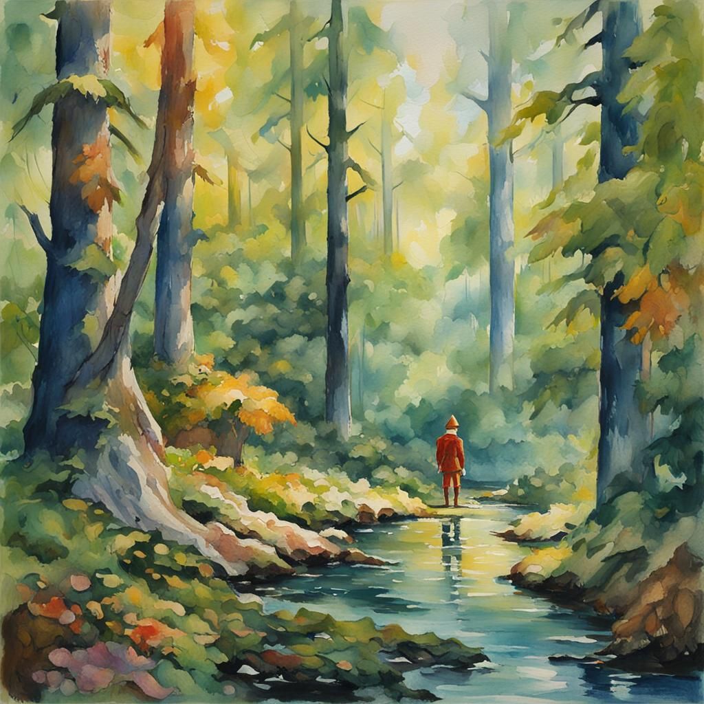 Elf in Forest: Gouache Watercolor Impressionist Painting