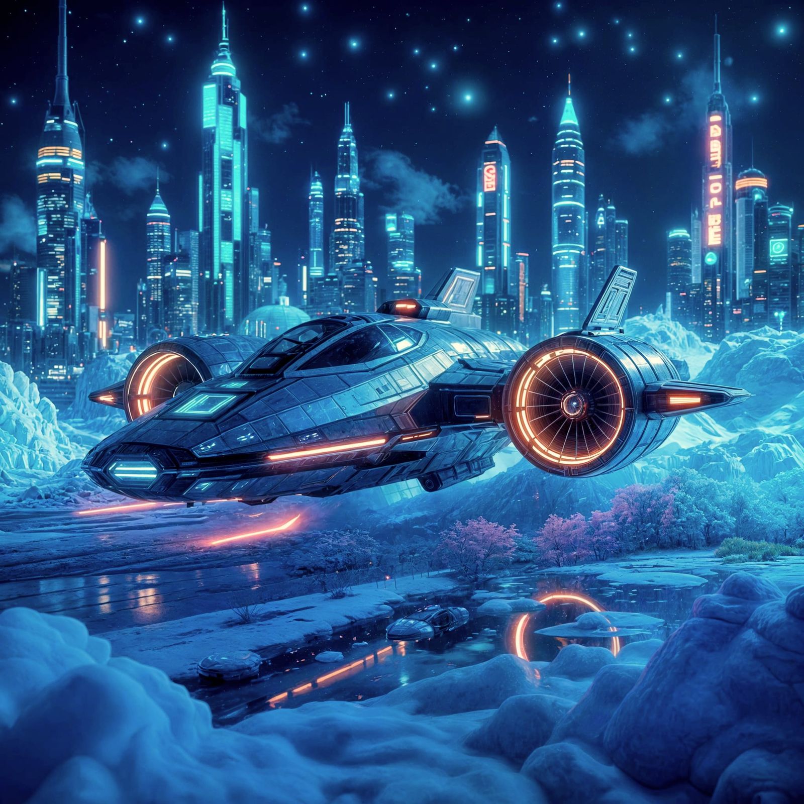 Futuristic Spaceship Encased in Ice Near Intergalactic City