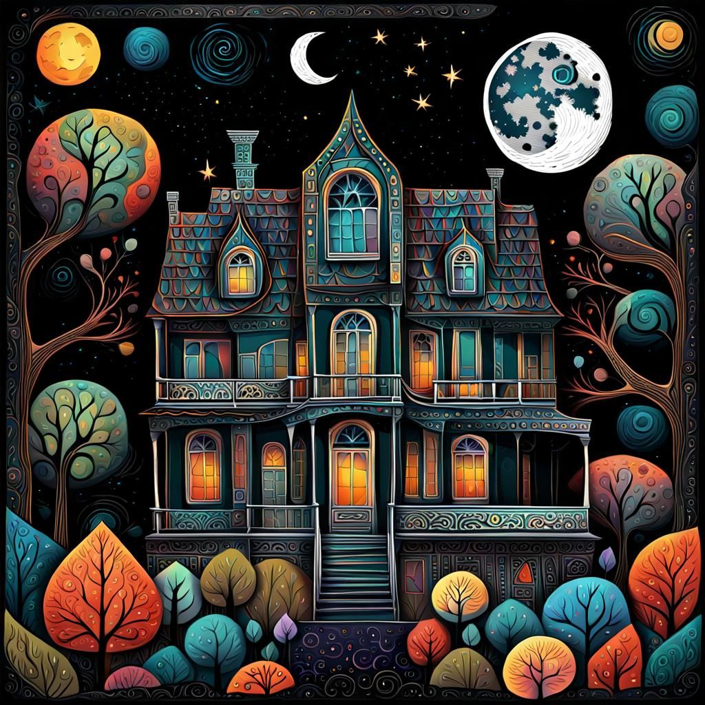 Colorful Paper House Envelope with Stamp Moon