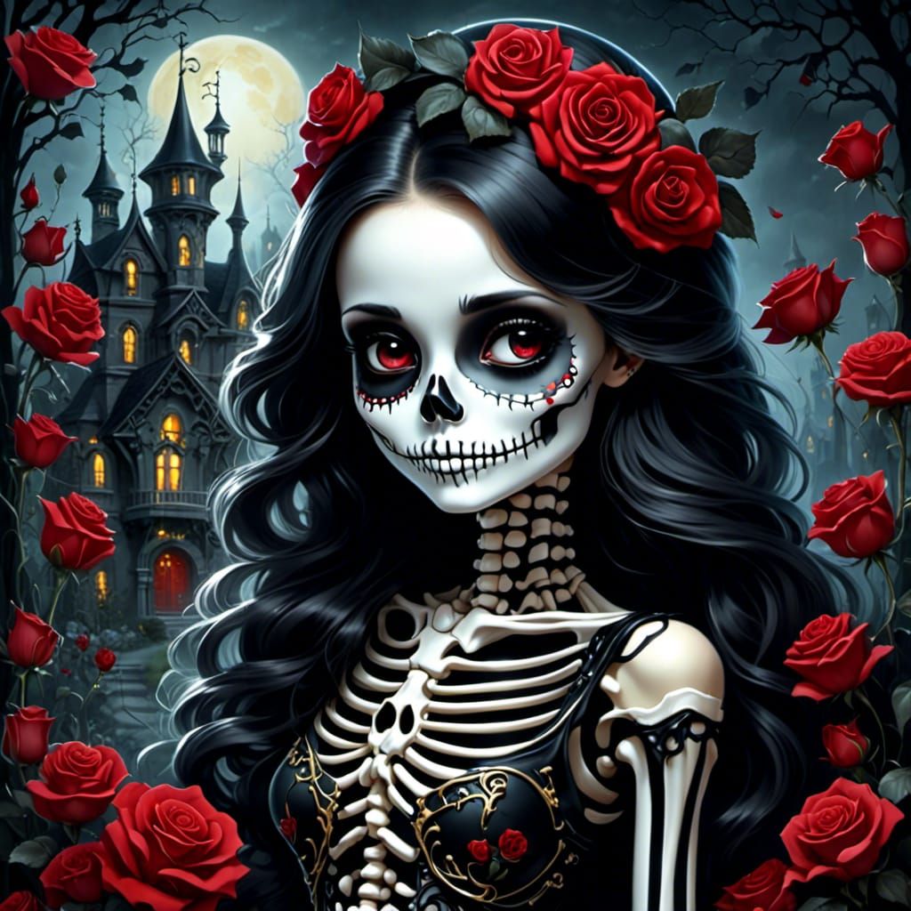 Skeleton Girl with Roses and Gold Eyes