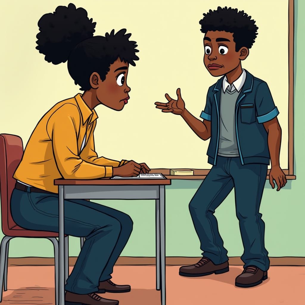 Teacher Instructs Student in Vibrant Cartoon Style