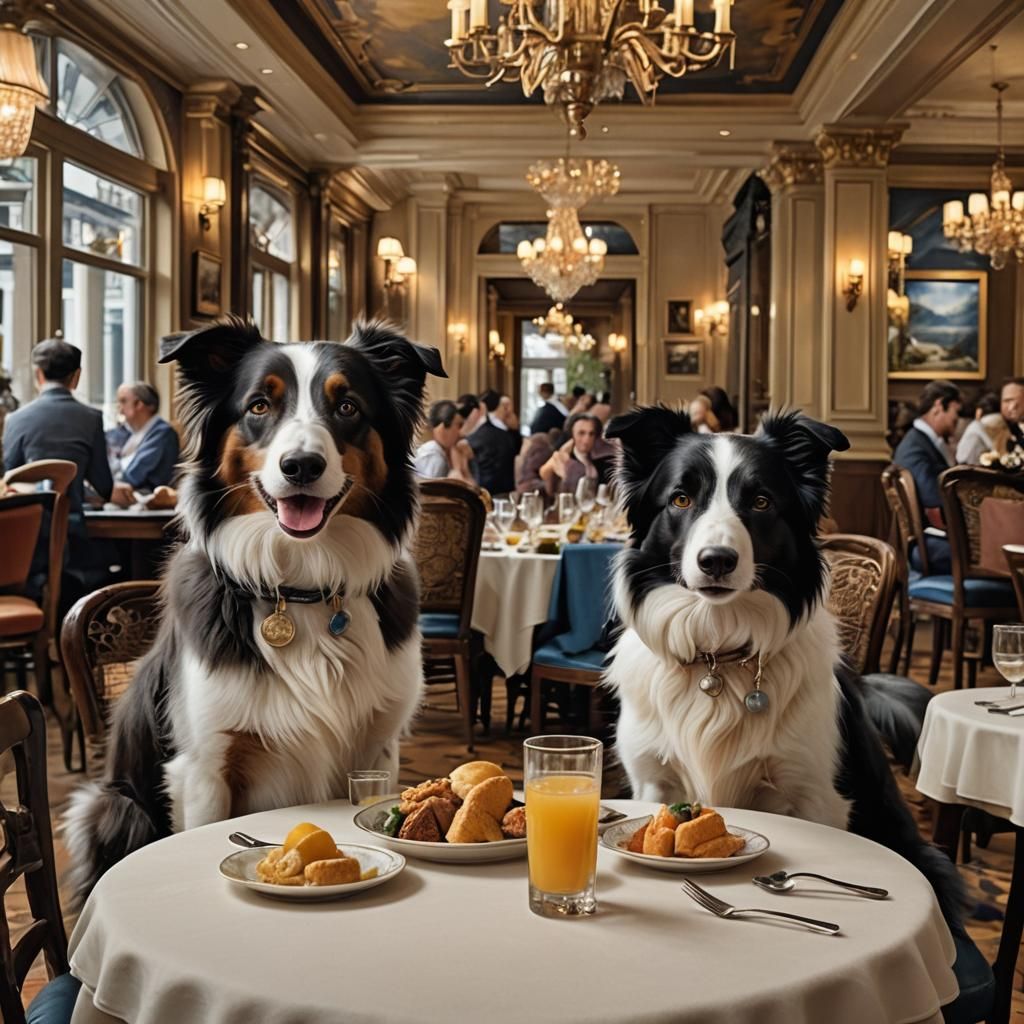Border Collies on a Date: Hyperrealistic Restaurant Scene