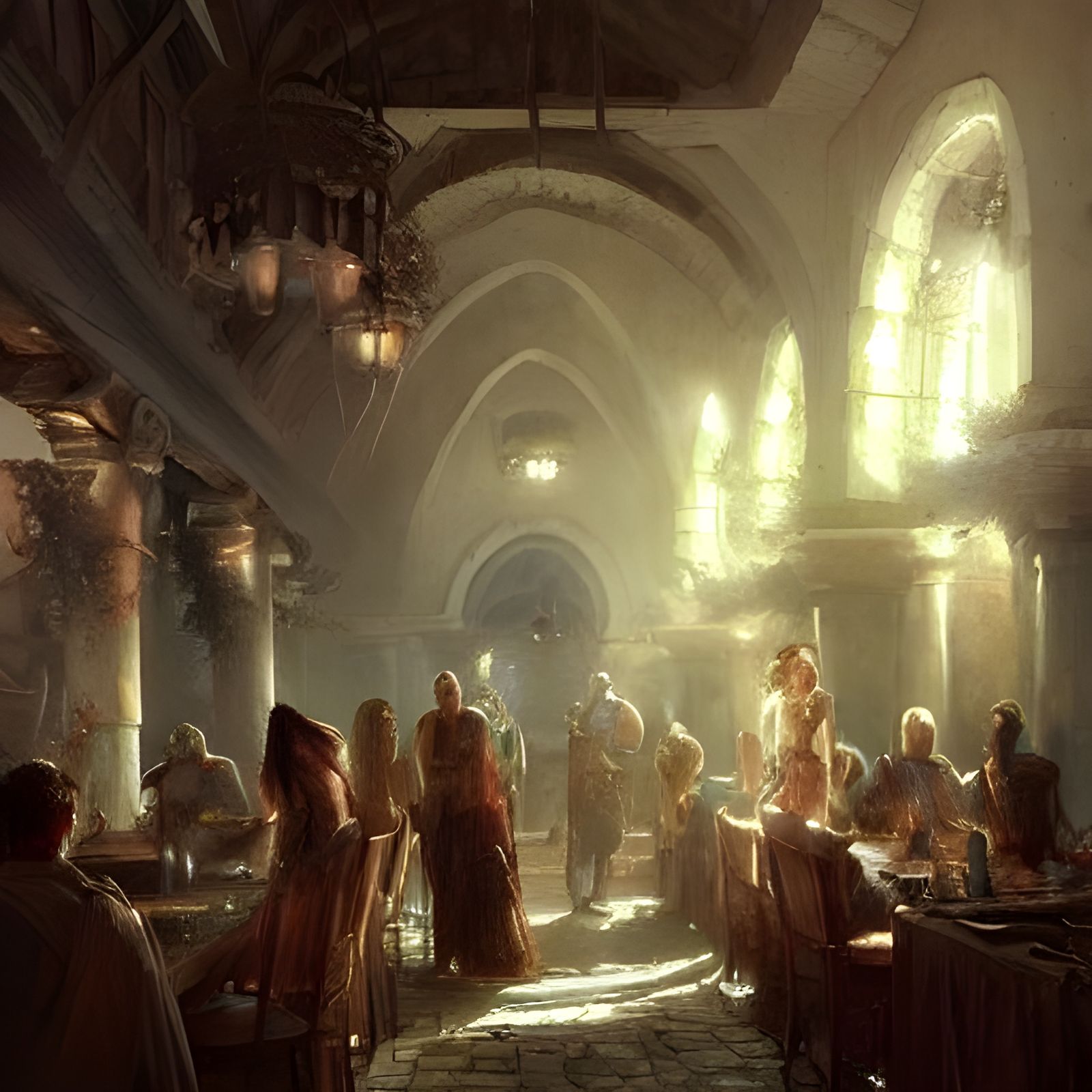 Sword & Sorcery Adventurers in Sinister Roman Tavern