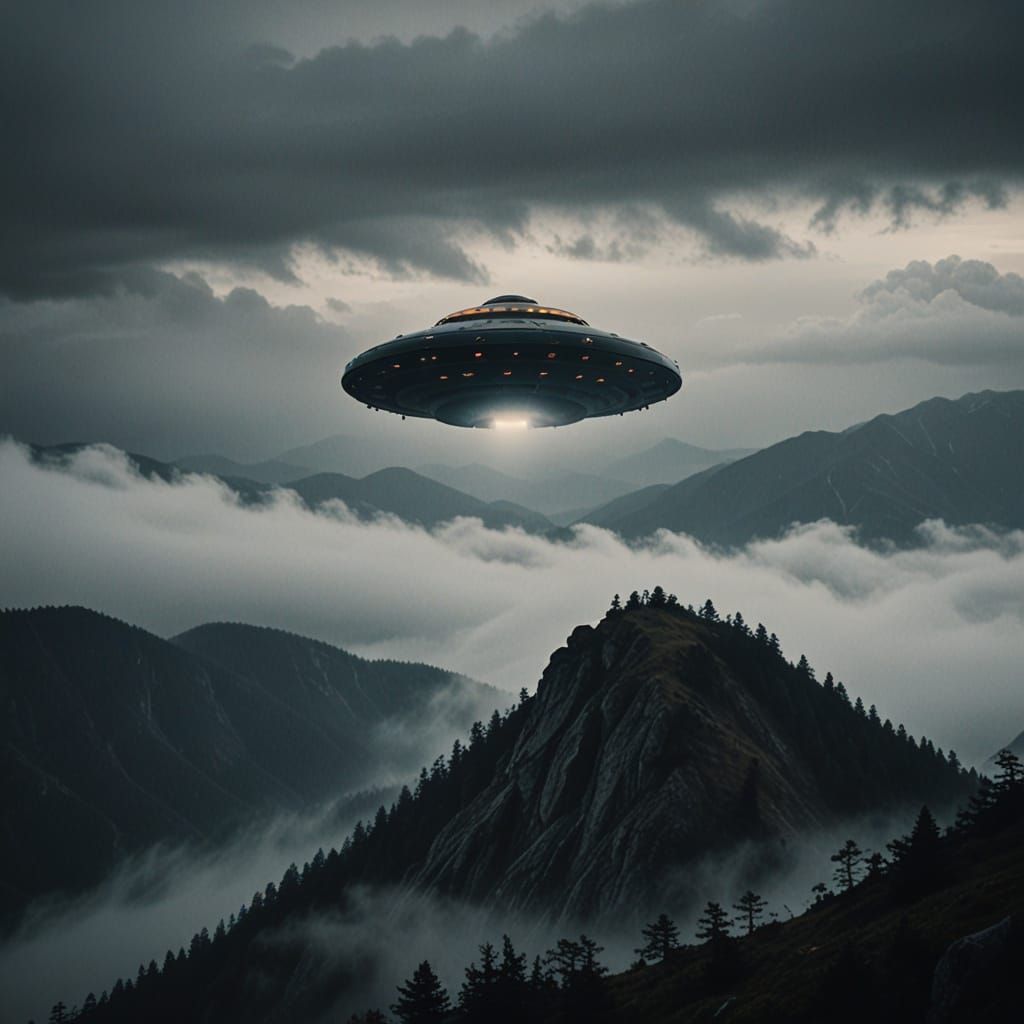 Dark, Rounded UFO Soars Through Foggy Mountains in Cinematic...