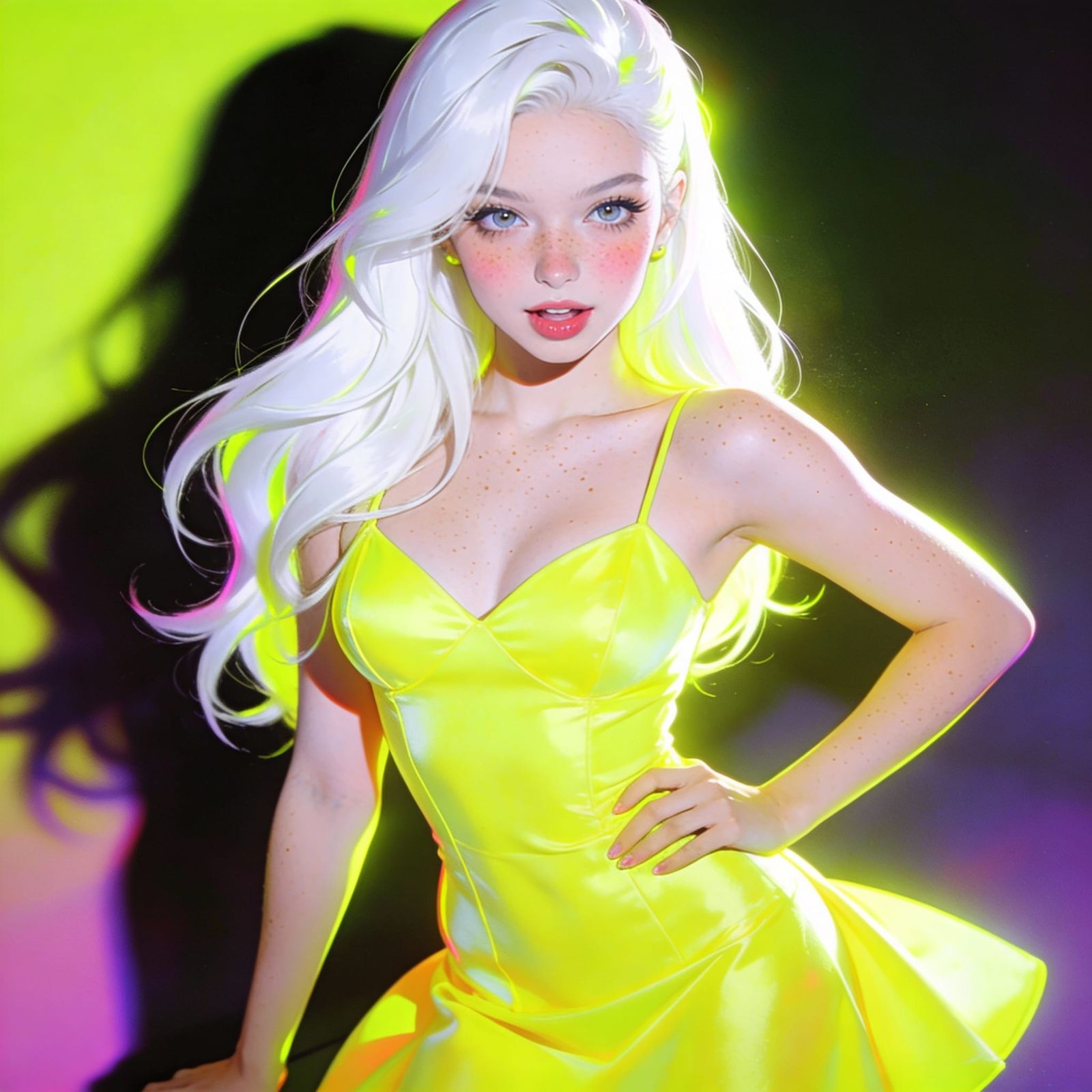 Busty Woman in Neon Yellow Dress with White Hair
