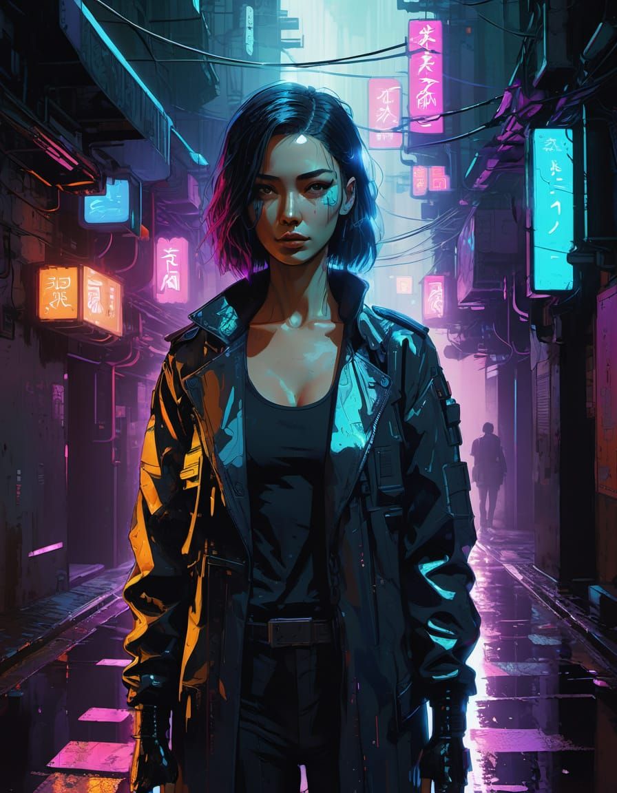 Cyberpunk Woman in Neon Alleyway Digital Art