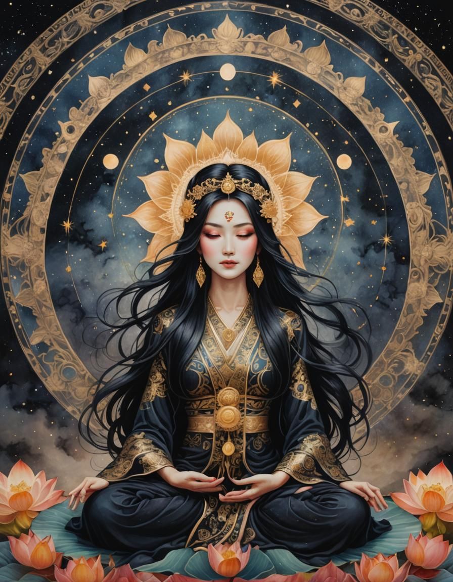Celestial Priestess in Lotus Mandala: Alcohol Ink Art