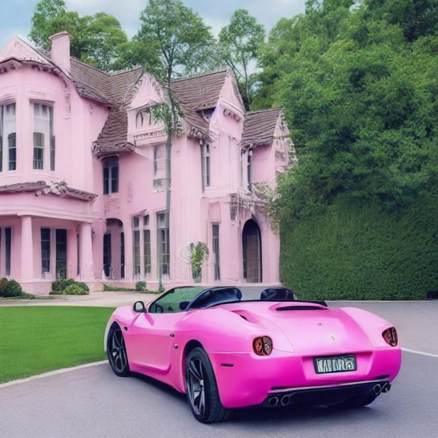 Pink Convertible Ferrari in Front of Mansion