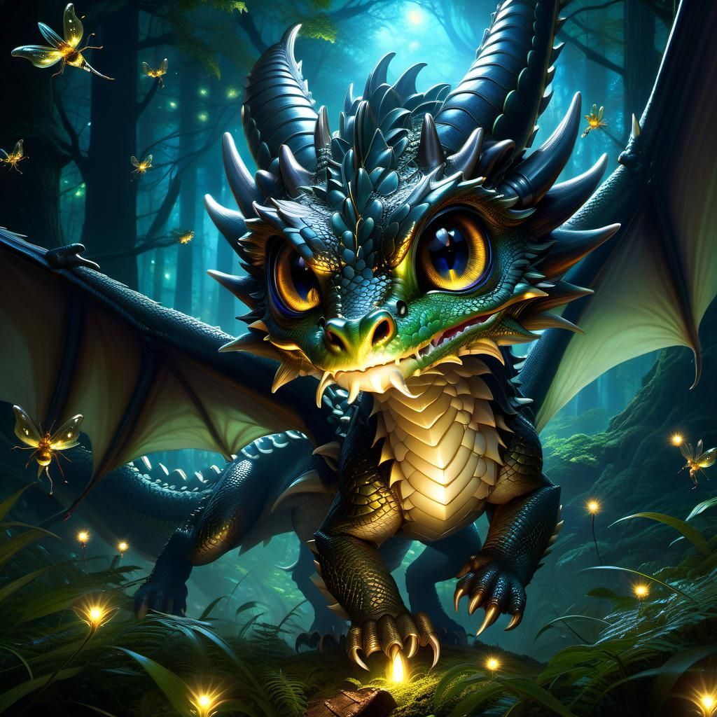 Adorable Dragon Chasing Fireflies in Dark Fantasy Forest