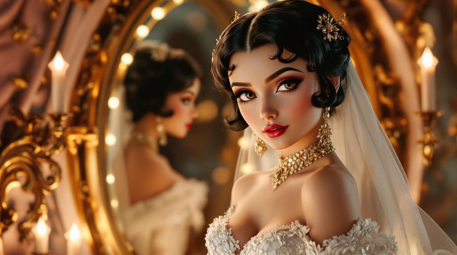 Hyper-Realistic Baroque Betty Boop Bride in Exquisite Gold A...