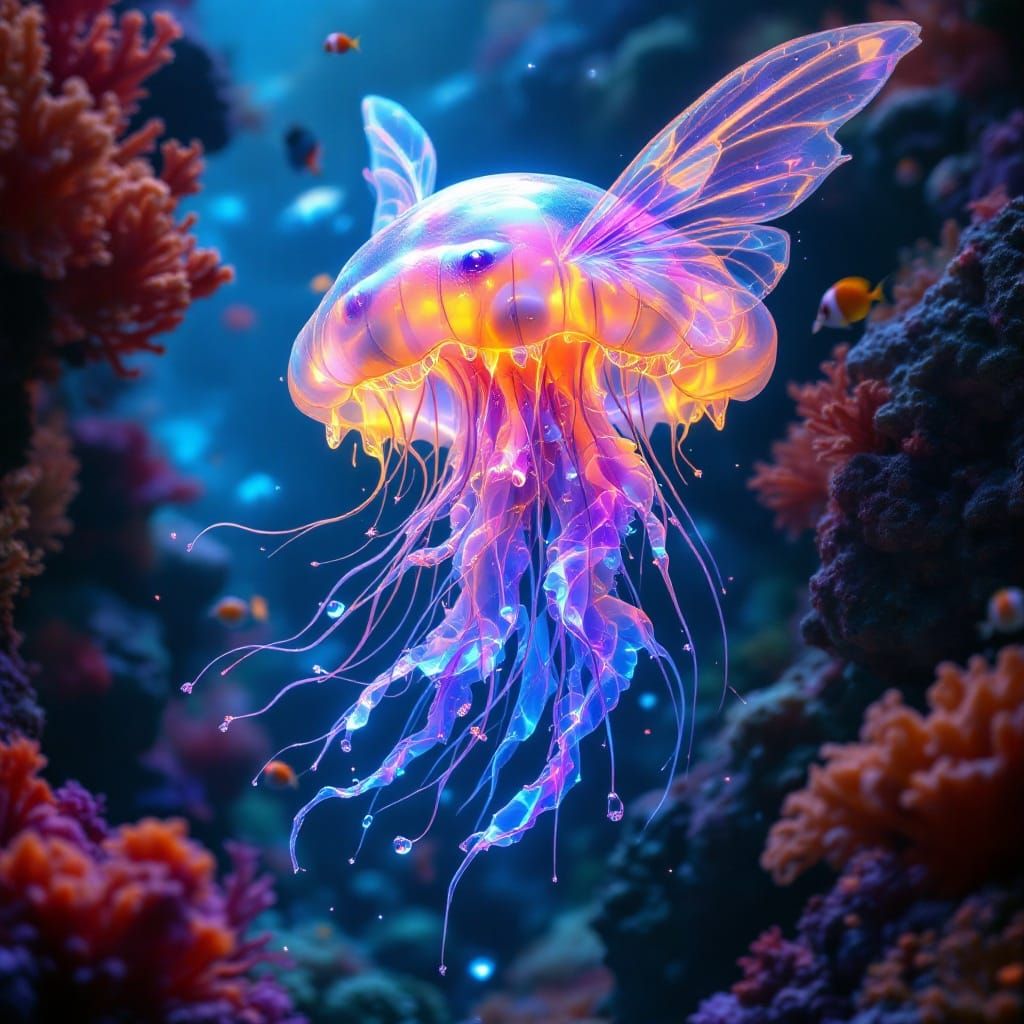 Surreal Bioluminescent Jellyfish-Butterfly in a Coral Reef