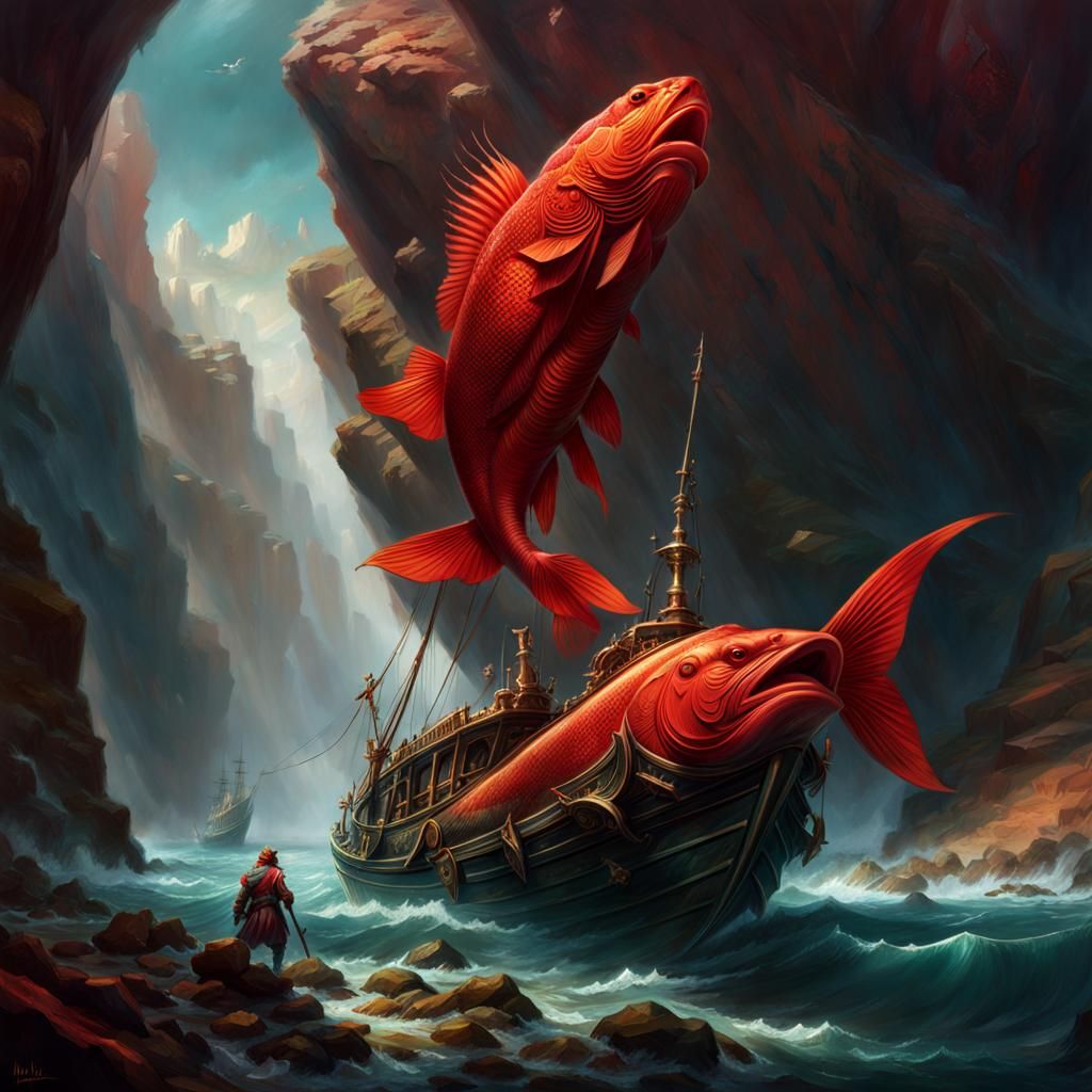 Red Rock Cod God: Detailed Fantasy Illustration