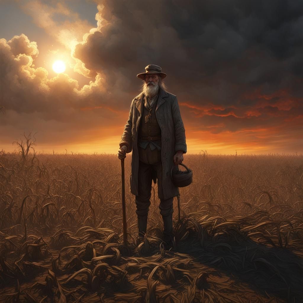 Discouraged Farmer in Withered Field, Dark Fantasy Art
