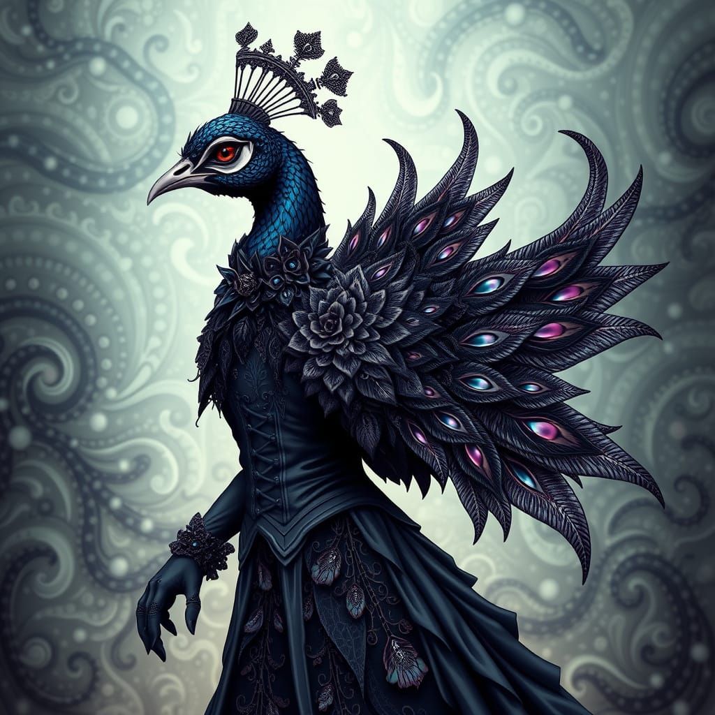 Majestic Goth-Peacock Hybrid in Abstract Vector Style