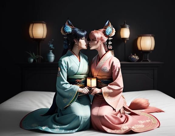 Kitsune Twins Kissing: A Digital Masterpiece