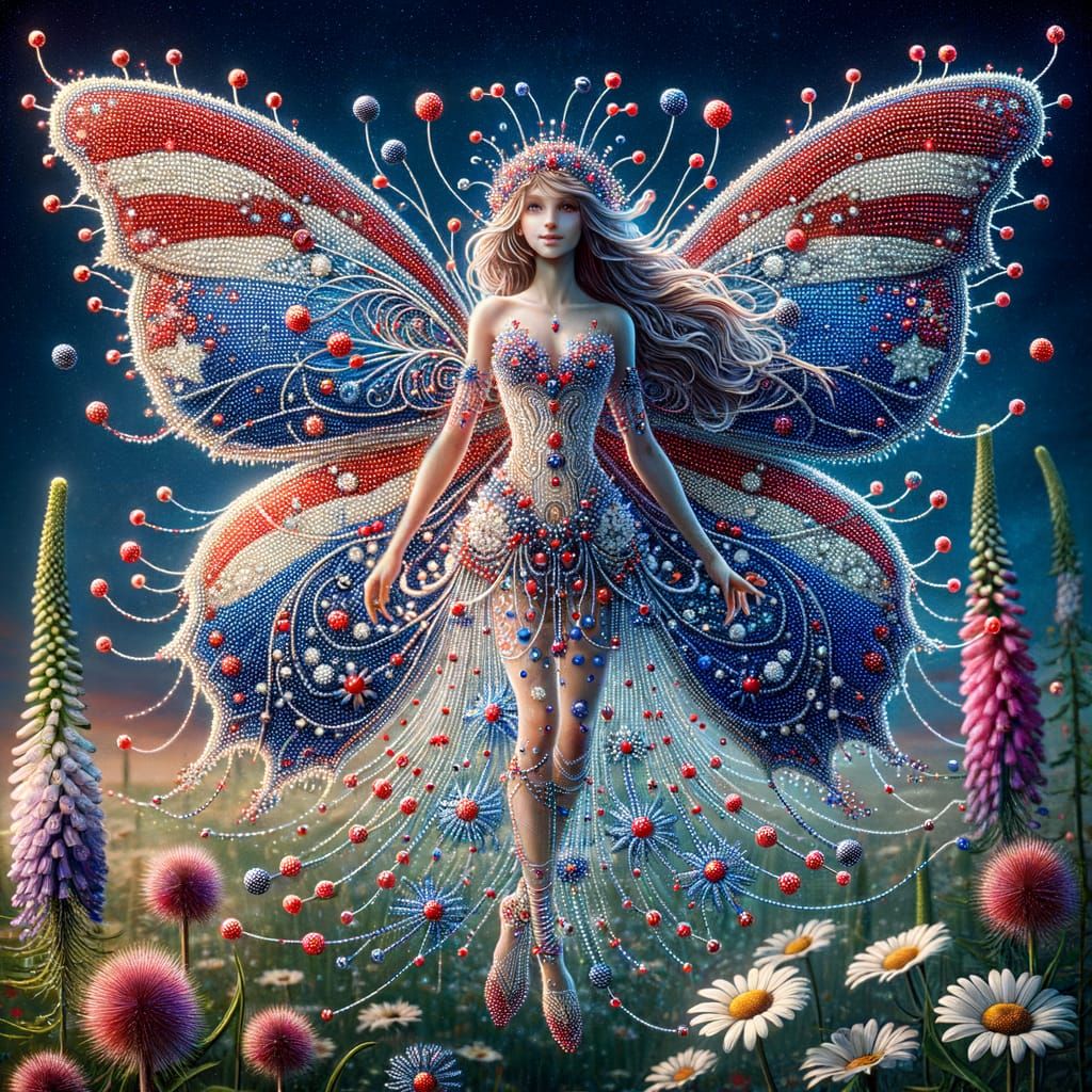 Patriotic Fairy with Beaded Dress and Sparkling Wings