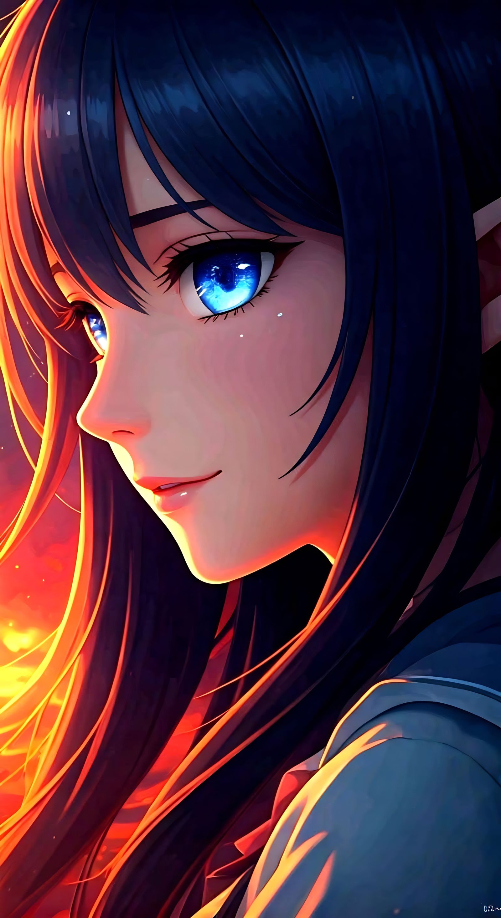 Anime Elf Girl's Stunning Side Eye with Burning Monster Refl...