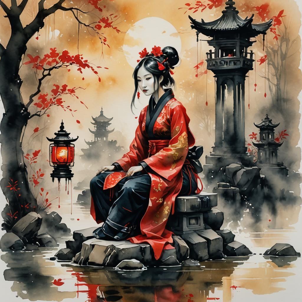 Robot Girl in Chinese Watercolor Style