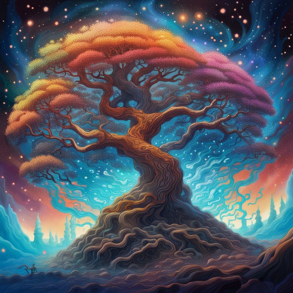Mystical Cosmic Tree in Starry Space, Ghibli Style