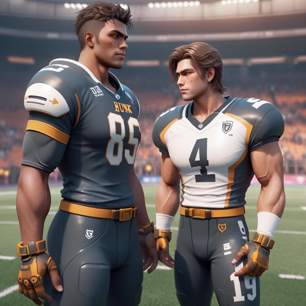 Fantasy Football: Teammate Romance in Detailed Digital Art