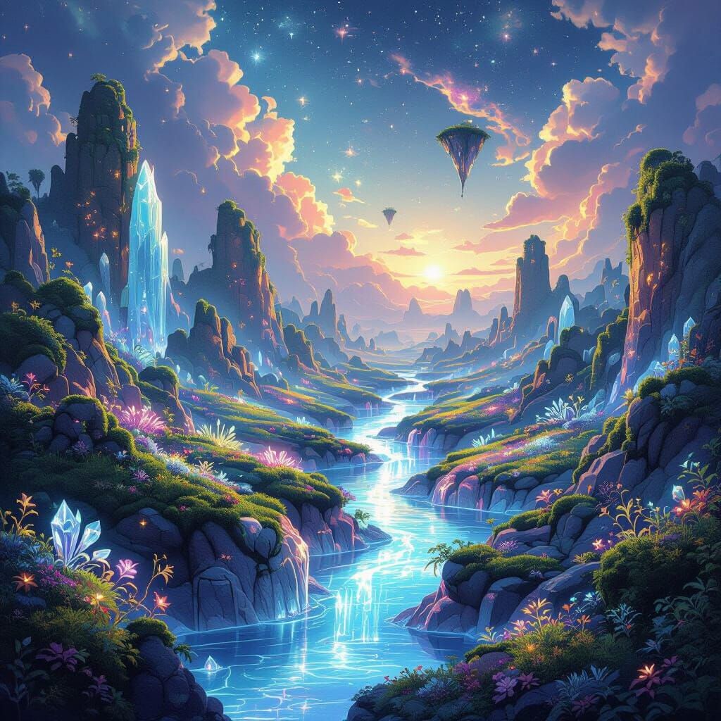 Magical Ethereal Landscape with Glowing Flora and Floating I...
