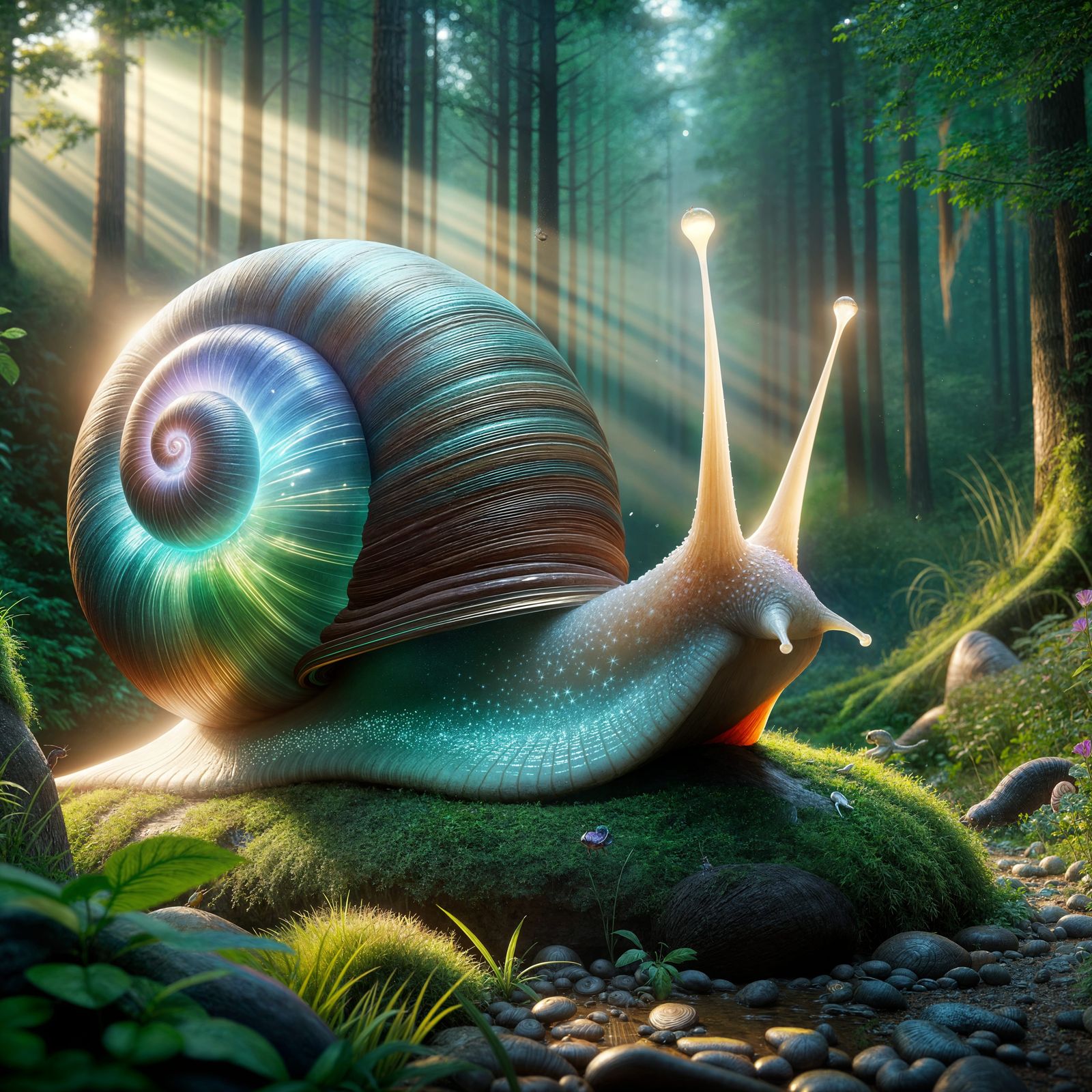 Bioluminescent Snail Character in Mystical Forest