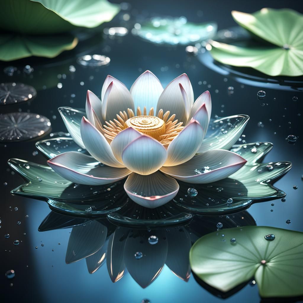 Glass Lotus in Water Droplet: 3D Render
