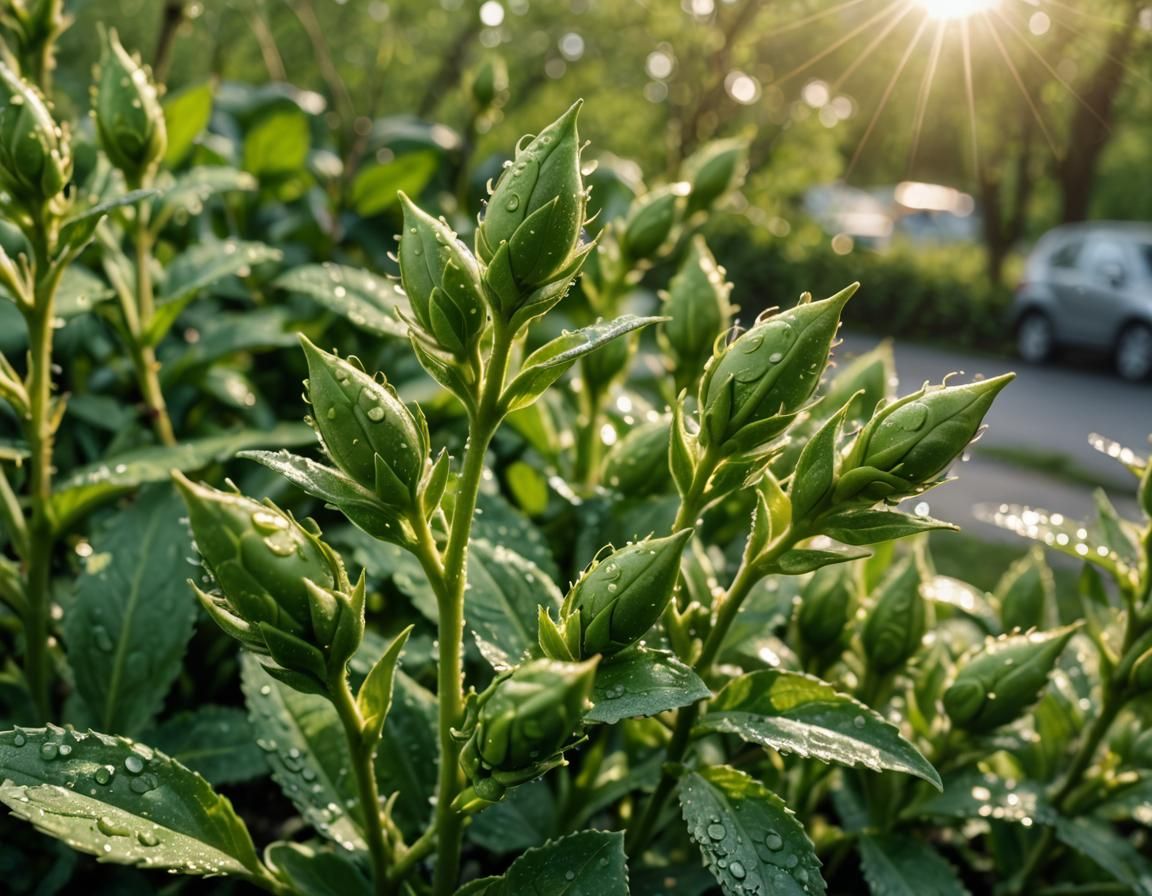 Green Leaf Buds in Morning Sunlight: Realistic Close-Up