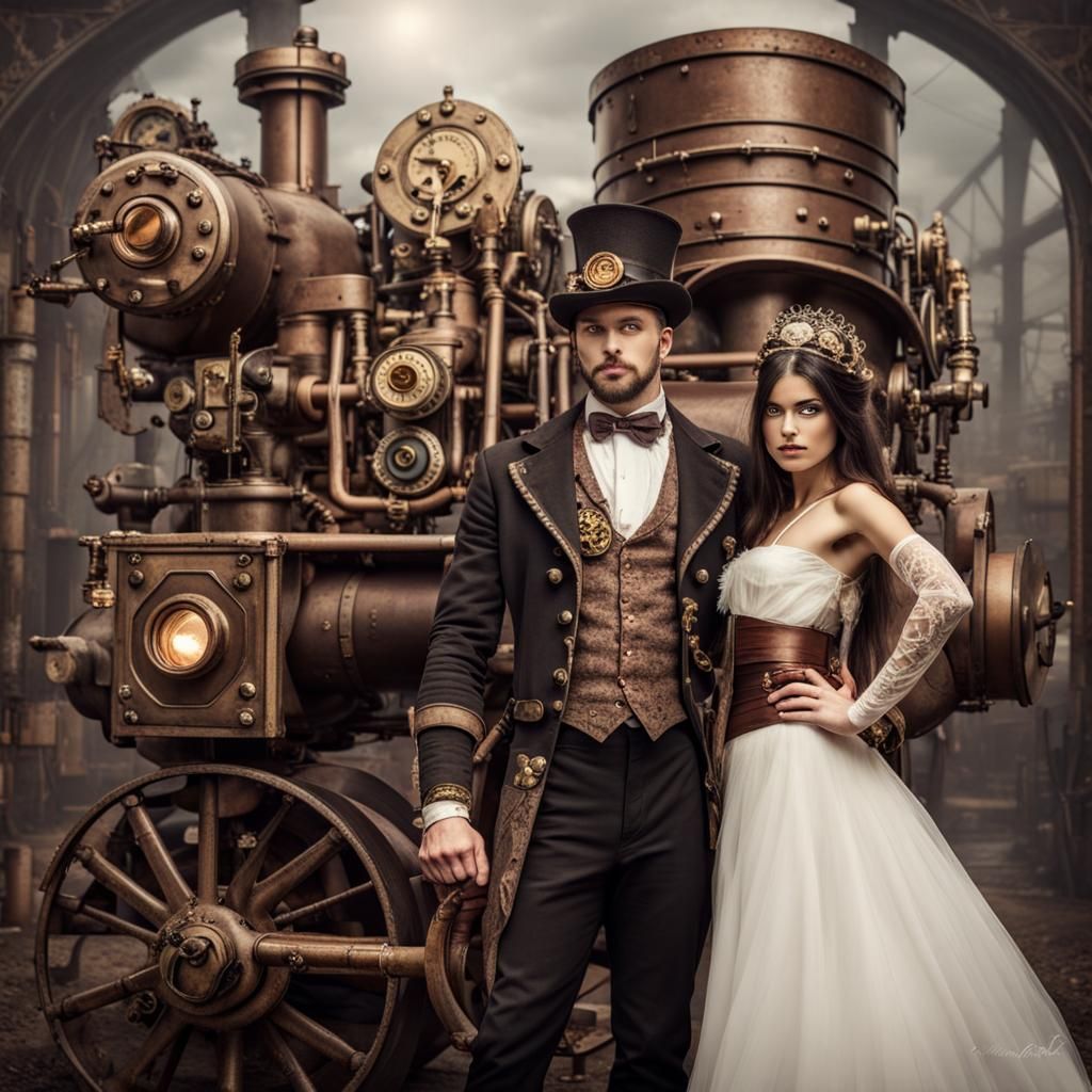Steampunk King and Queen Wedding Portrait