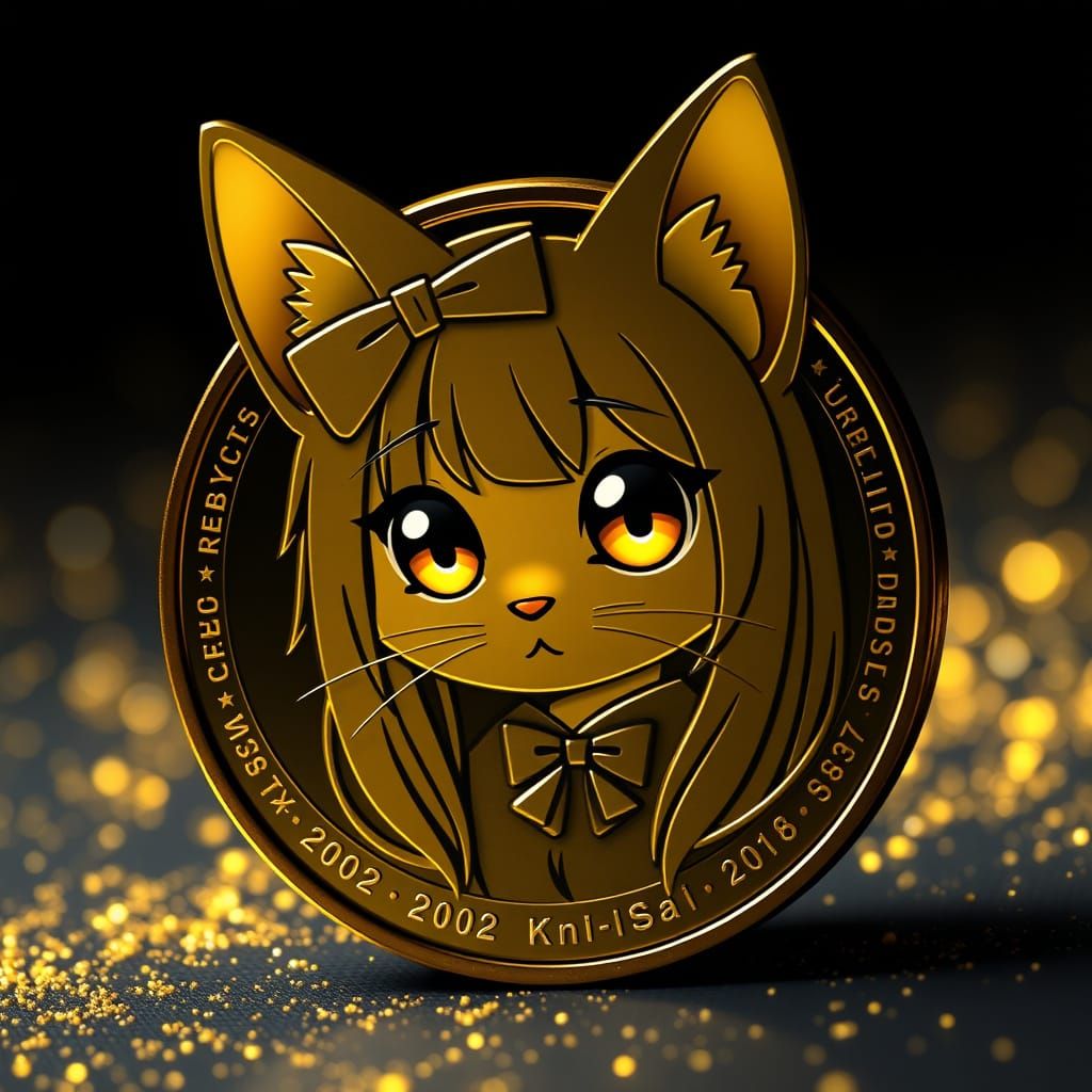 Golden Kawaii Catgirl Coin in a Moody Glow