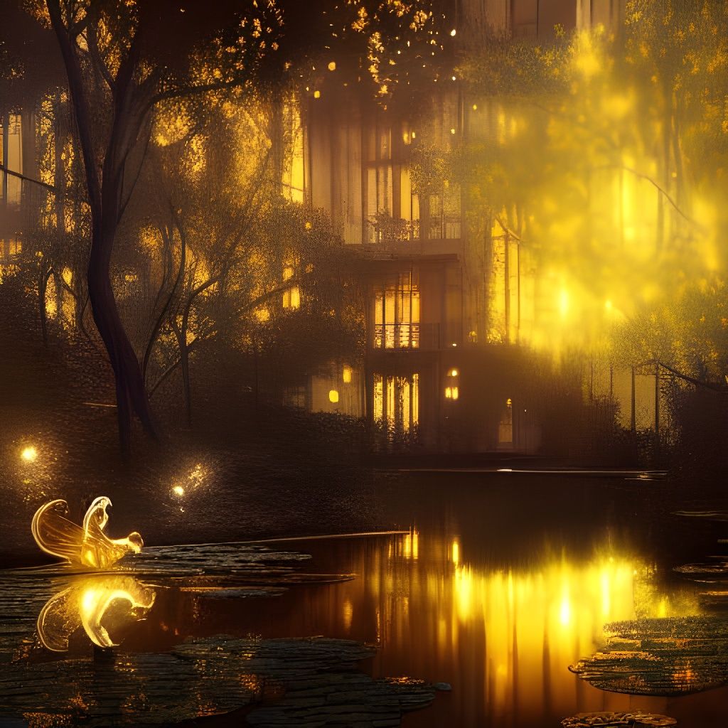 Golden Ripples in Crystal Pond: Fantasy Art