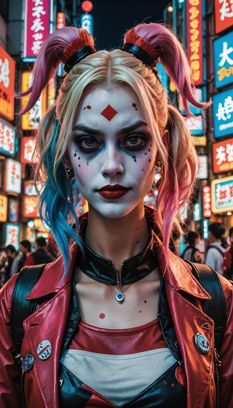 Harley Quinn Cosplayer in Japanese Street, Moebius Style