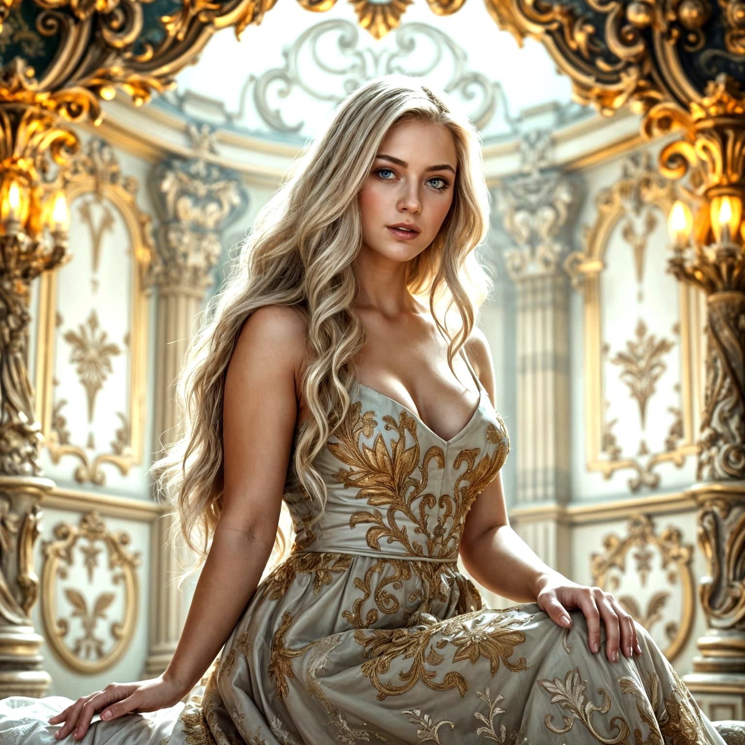 Elegant Woman in Rococo Setting, Ethereal Lighting