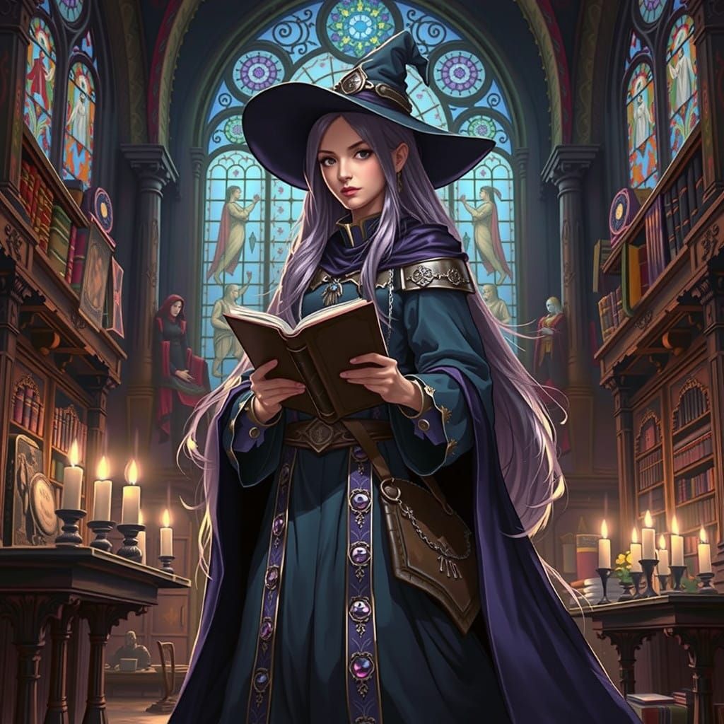 Surreal Sorceress Amidst Ancient Tomes in a Whimsical Librar...