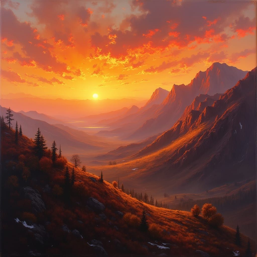 Sunset Over Hilly Range in the Style of Bierstadt