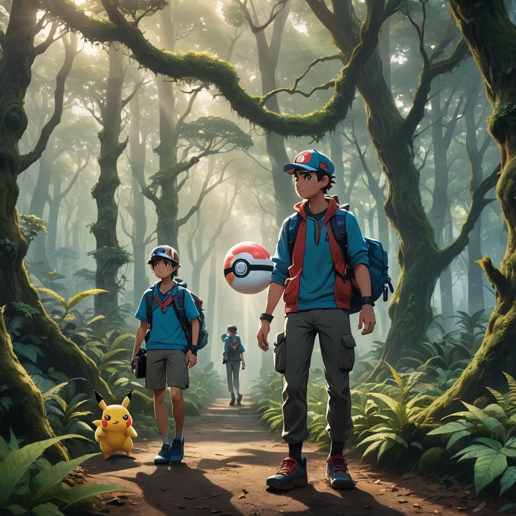 Pokémon Trainer in Misty Forest: Cinematic Concept Art