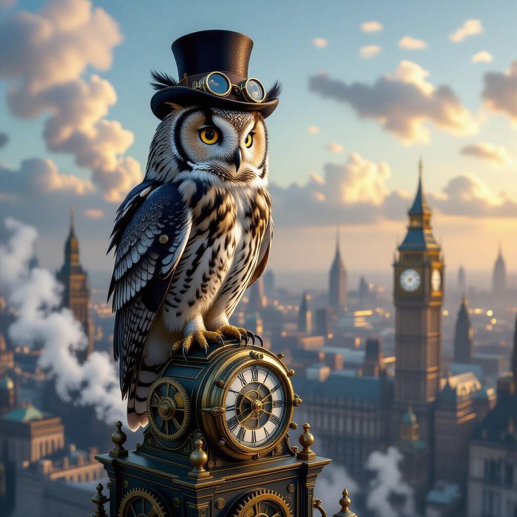 Steampunk Owl in Victorian Cityscape Matte Painting