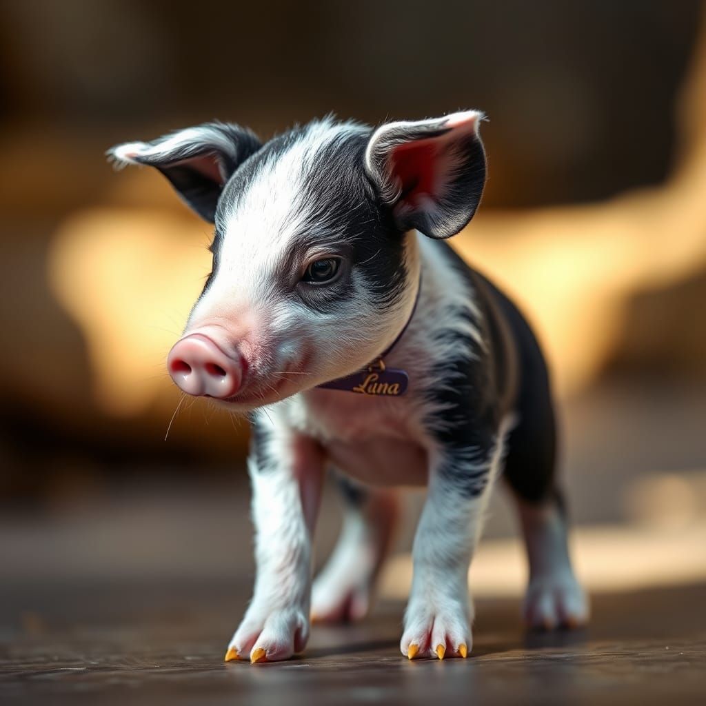 Whimsical Pig-Puppy-Monkey Creature with Plum Collar