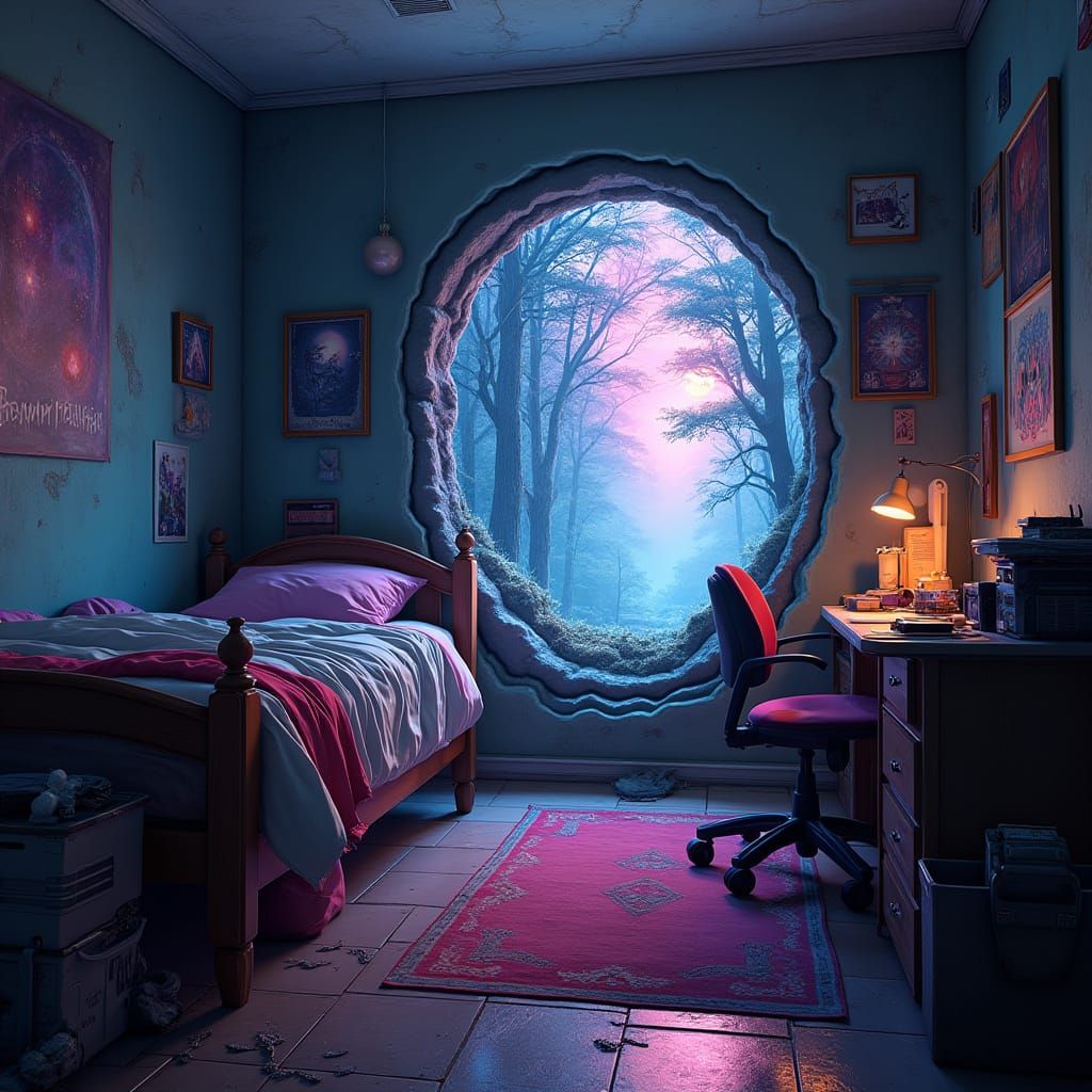 Sci-Fi Portal to Mythical Forest in Messy Bedroom