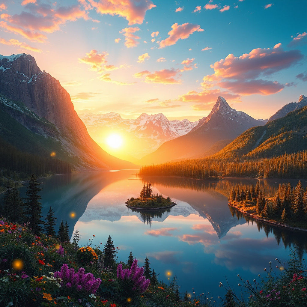 Surreal Dawn Paradise: A Bierstadt and Magritte Inspired Lan...