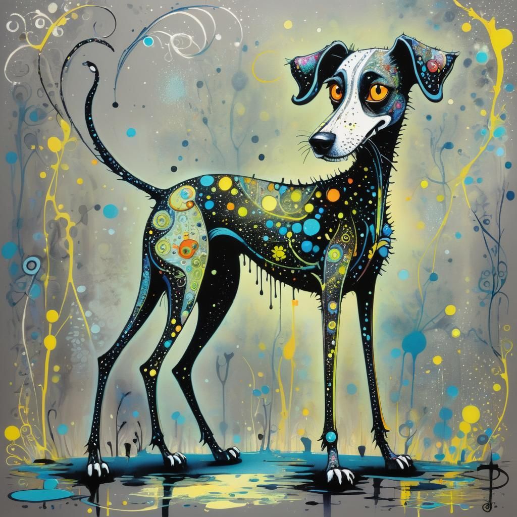Whimsical Pointillist Dog in Blacklight Fantasy Style