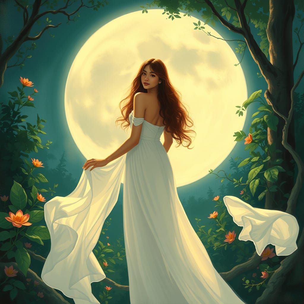 Woman in White Gown Under Full Moon, Art Nouveau
