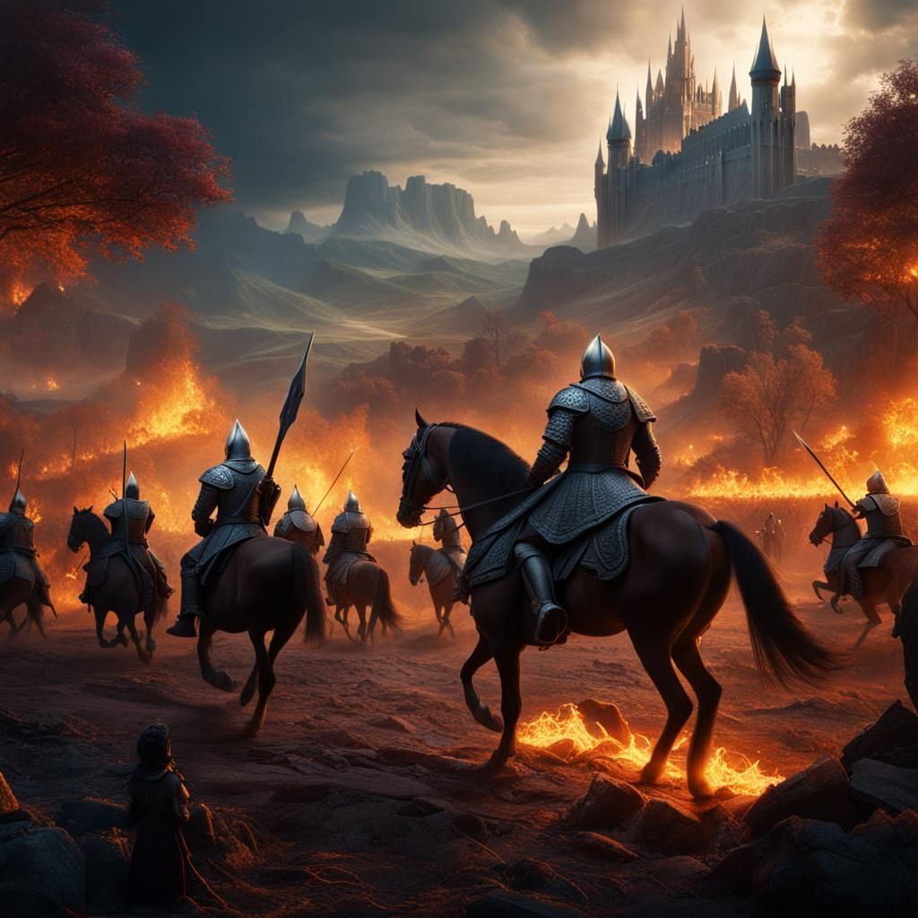 Apocalyptic Horsemen Battle: Detailed Matte Painting