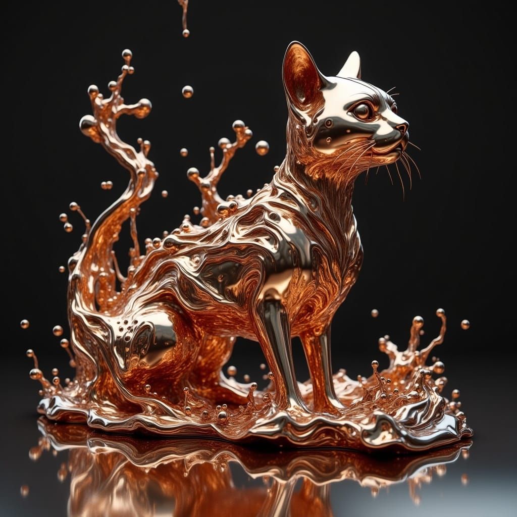 Futuristic Liquid Metal Cat Sculpture