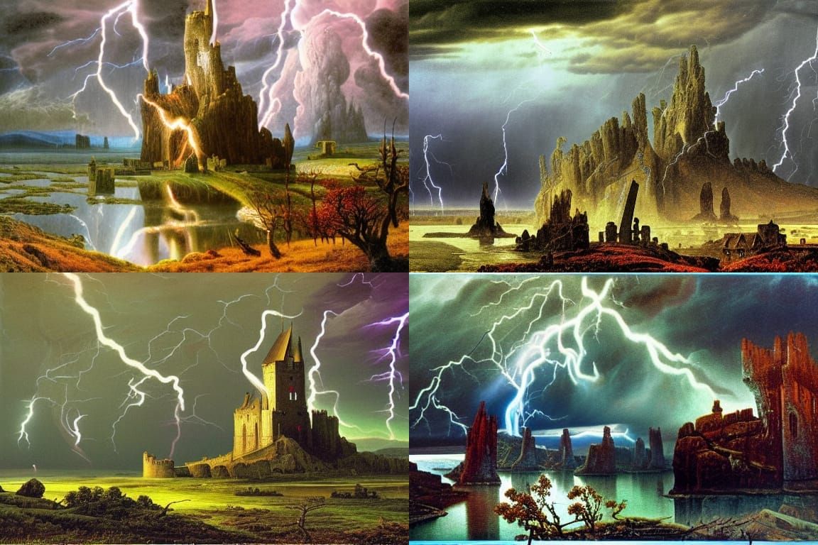 Castle in Lightning Storm: Romantic Surreal Landscape