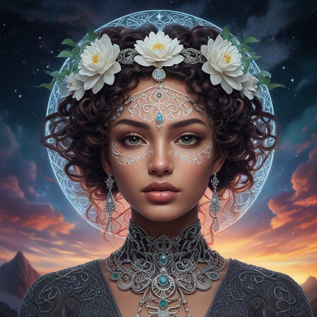 Ethereal Cosmic Portrait with Intricate Celtic-Inspired Hair...